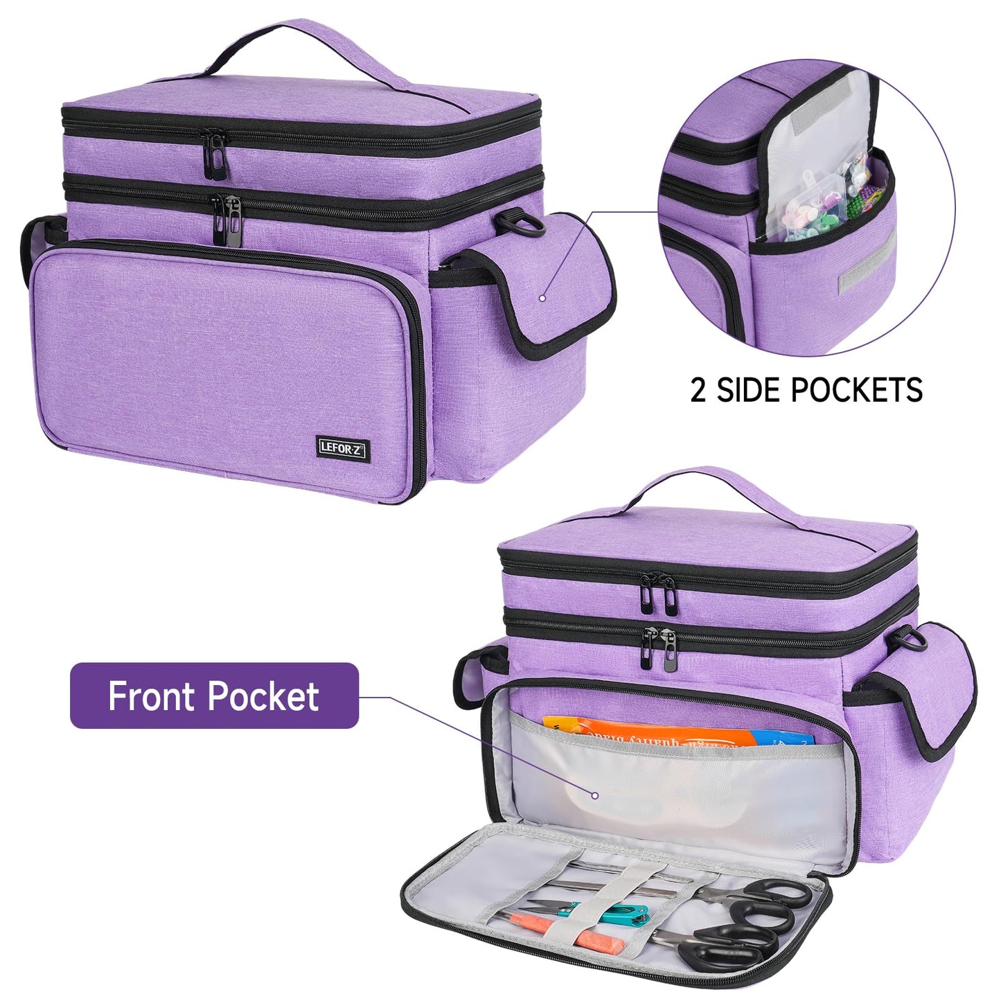 LEFOR·Z Large Sewing Supplies Organizer,Double-Layer Sewing Accessories Storage and Organizer Case Bag,Protable Travel Sewing Box Sewing Basket for Sewing Tools,Purple(Bag Only)