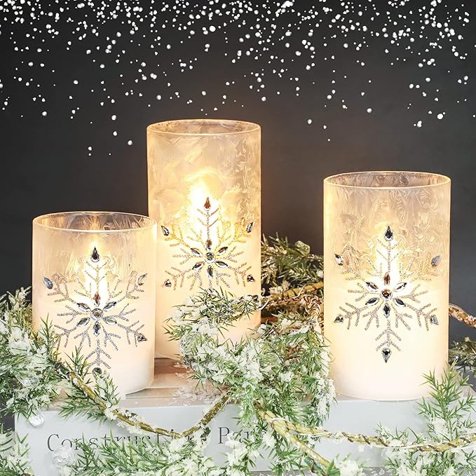 Christmas Flameless Candles, Jeweled Snowflake Iced Glass Candle, LED Flickering Pillar Candle with Timer&Remote for Xmas,Home Decor,Holiday,Set of 3 (D 3” X H 4” 5” 6”)