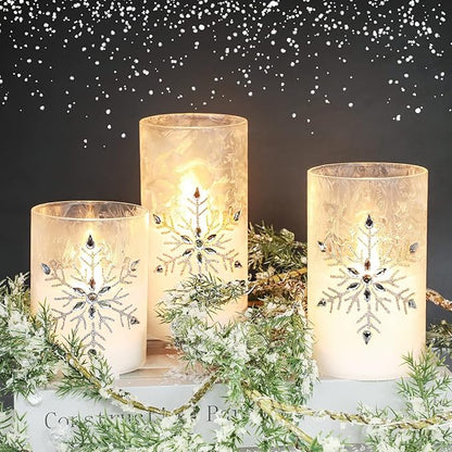 Christmas Flameless Candles, Jeweled Snowflake Iced Glass Candle, LED Flickering Pillar Candle with Timer&Remote for Xmas,Home Decor,Holiday,Set of 3 (D 3” X H 4” 5” 6”)