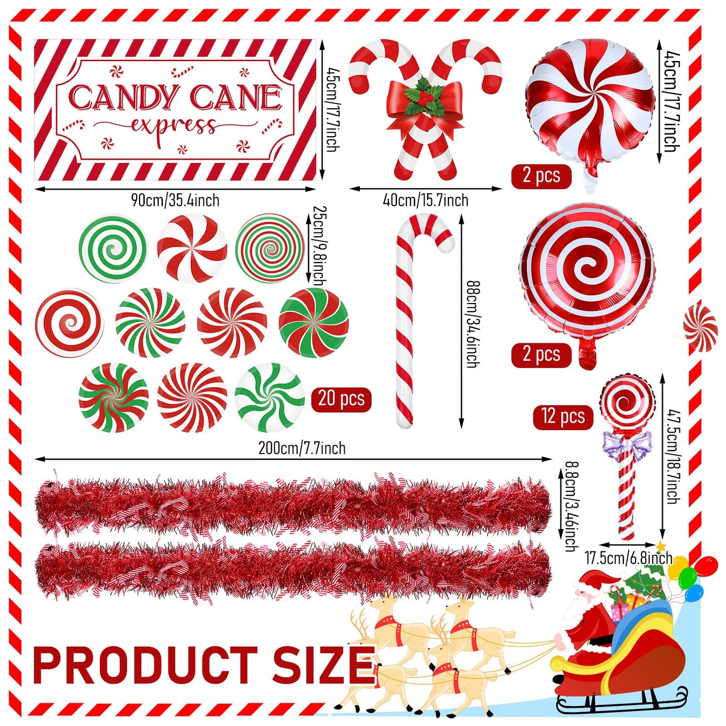 Leyndo 46 Pcs Christmas Golf Cart Decorations Kit Christmas Candy Cane Parade Decor Red Green and White Car Decoration with Banner Candy Cane Hanging Garland Stickers Balloon for Xmas Party