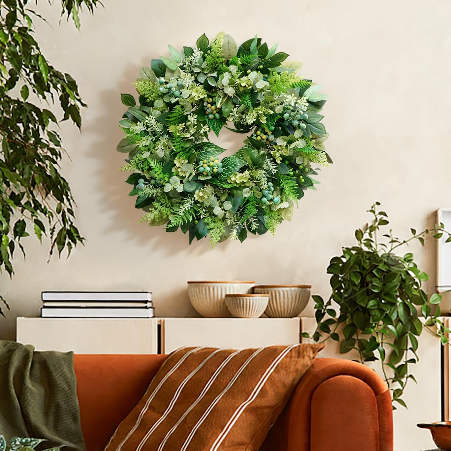 Rimalo 26 Inch Green Wreath for Front Door - Artificial Greenery Wreath with Berries, Indoor Outdoor All Season Year Eucalyptus Wreath for Farmhouse Home Decor, Spring Summer Fall Winter