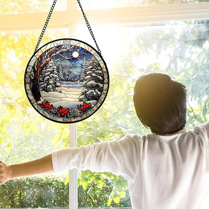 Stained Glass Window Hanging Christmas Tree Winter Snow Night Scenery Large 11.8" - Suncatcher Door Garden Kitchen Sun Catcher Home Decor Birthday for Mom Men Woman Friend