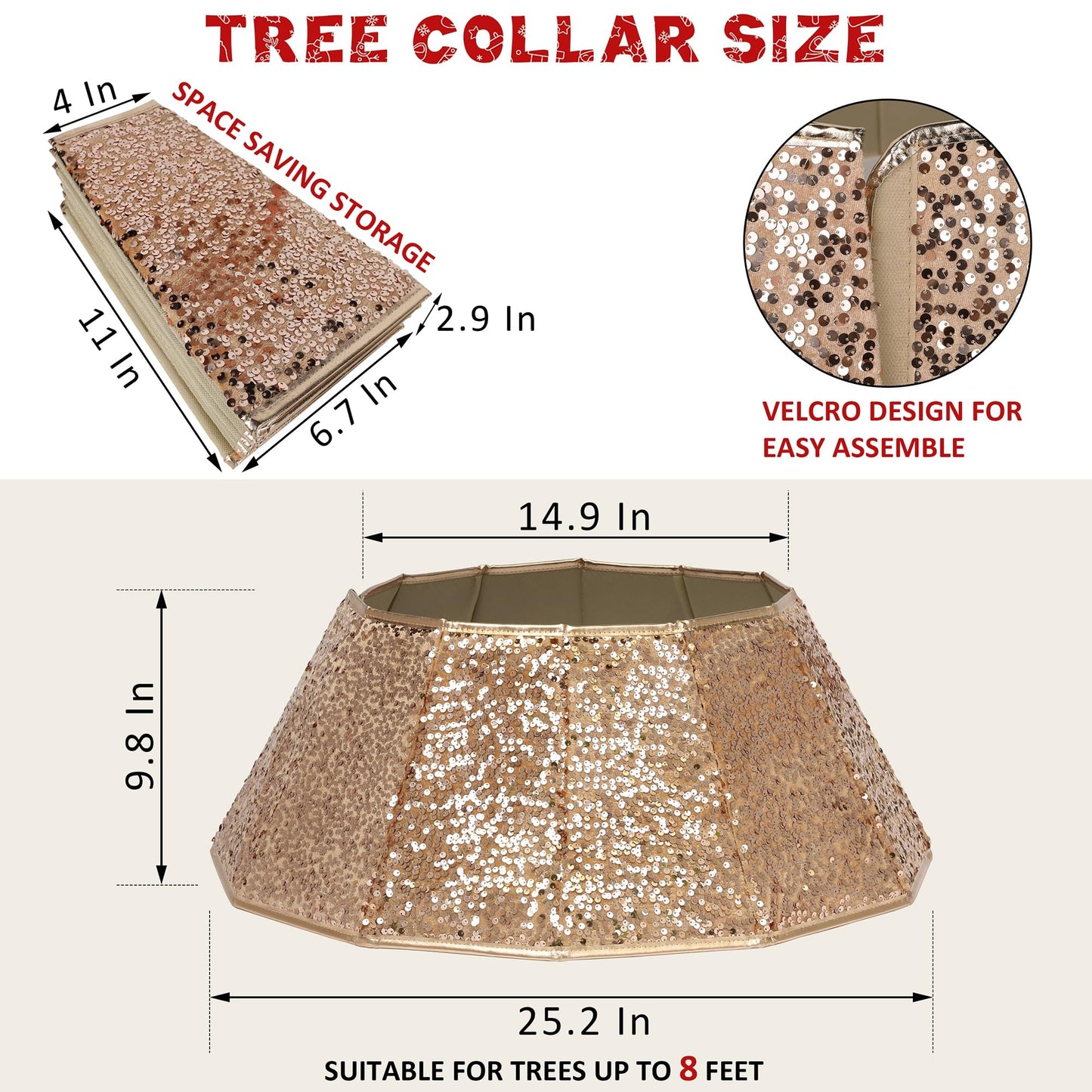 Blissun Sparkling Champagne Gold Christmas Tree Collar – Color Shifts with Light – 25.2″ Bottom / 14.9″ Top Foldable Base Cover