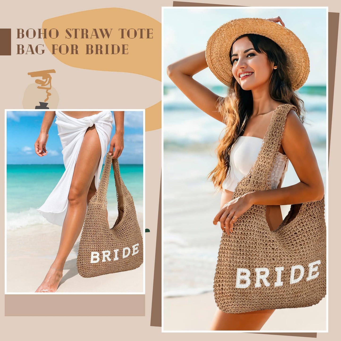 Locmeo Bride Handwoven Straw Bag for Women Boho Beach Shoulder Tote Bag Bride Summer Rhinestone Letters Tote for Women Wedding Bridal Shower Bachelorette Gift
