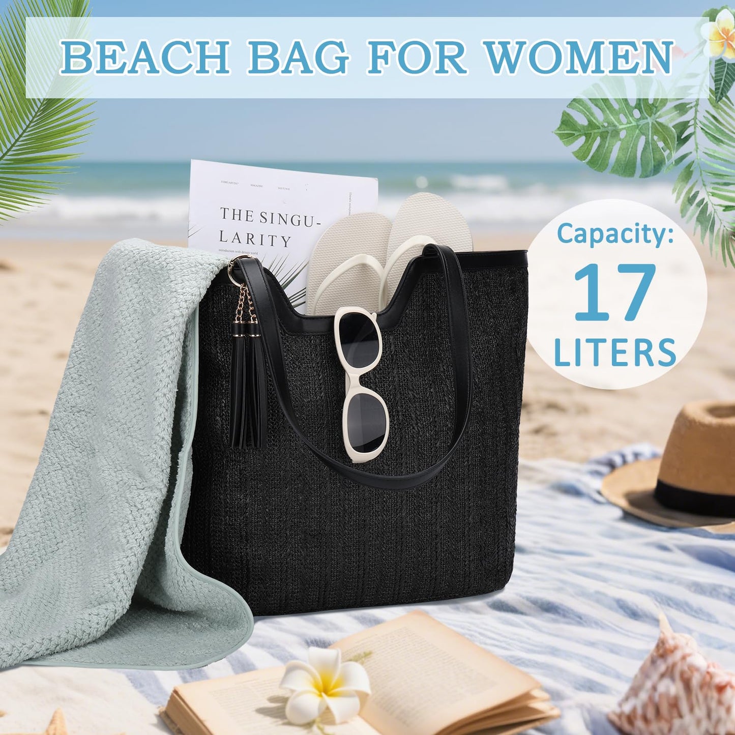 VASCHY Straw Beach Tote Bag for Women, Cute Trendy Woven Crochet Raffia Summer Shoulder Handbags Purses for Travel Vacation Black