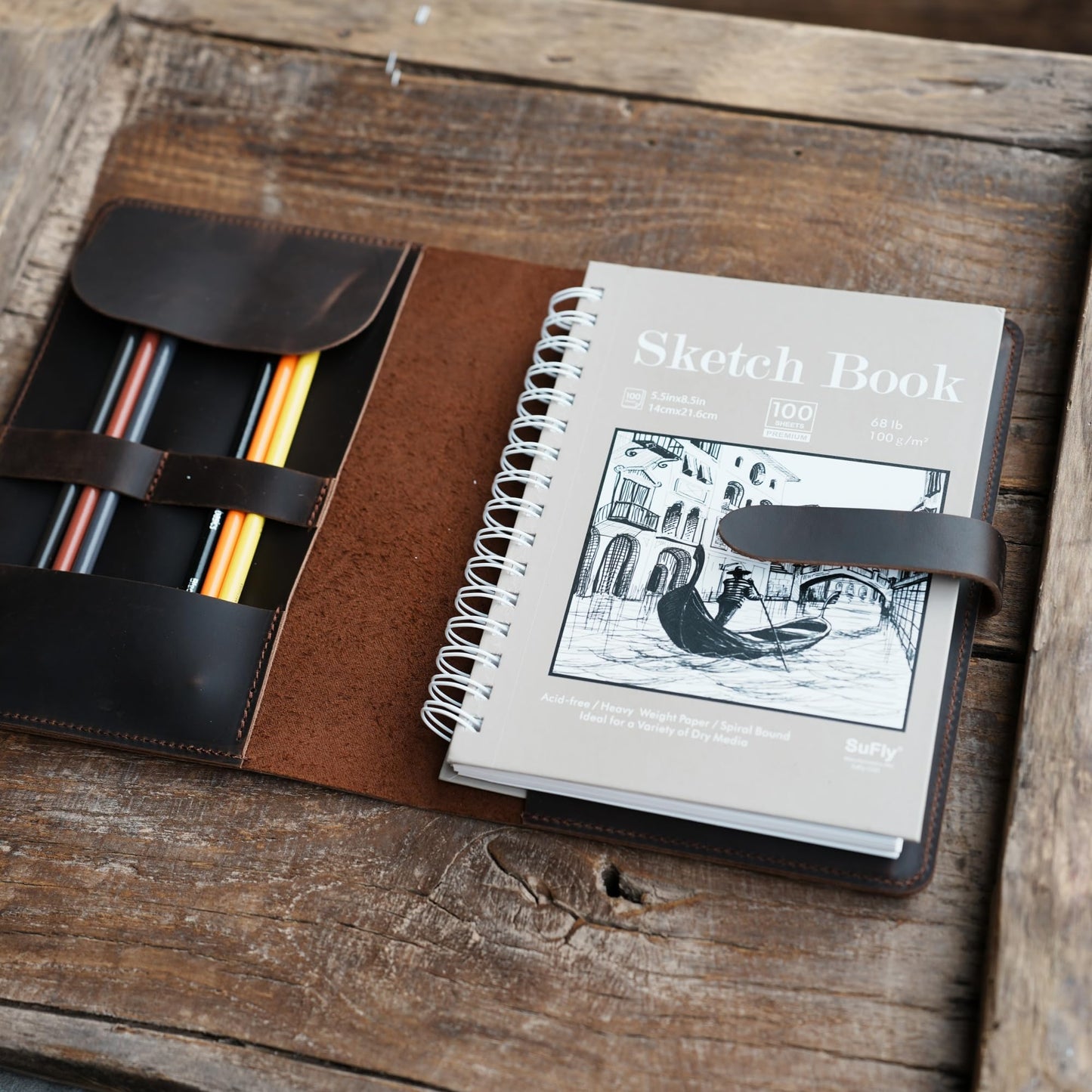YIYUS Handmade Leather Sketchbook Cover, Leather Artist Sketch Pad Cover for 5.5" x 8.5" Sketchbook, Drawing Book and Pencil Case, Journal Notebook Portfolio, Artis Gifts Cover (Dark Brown)