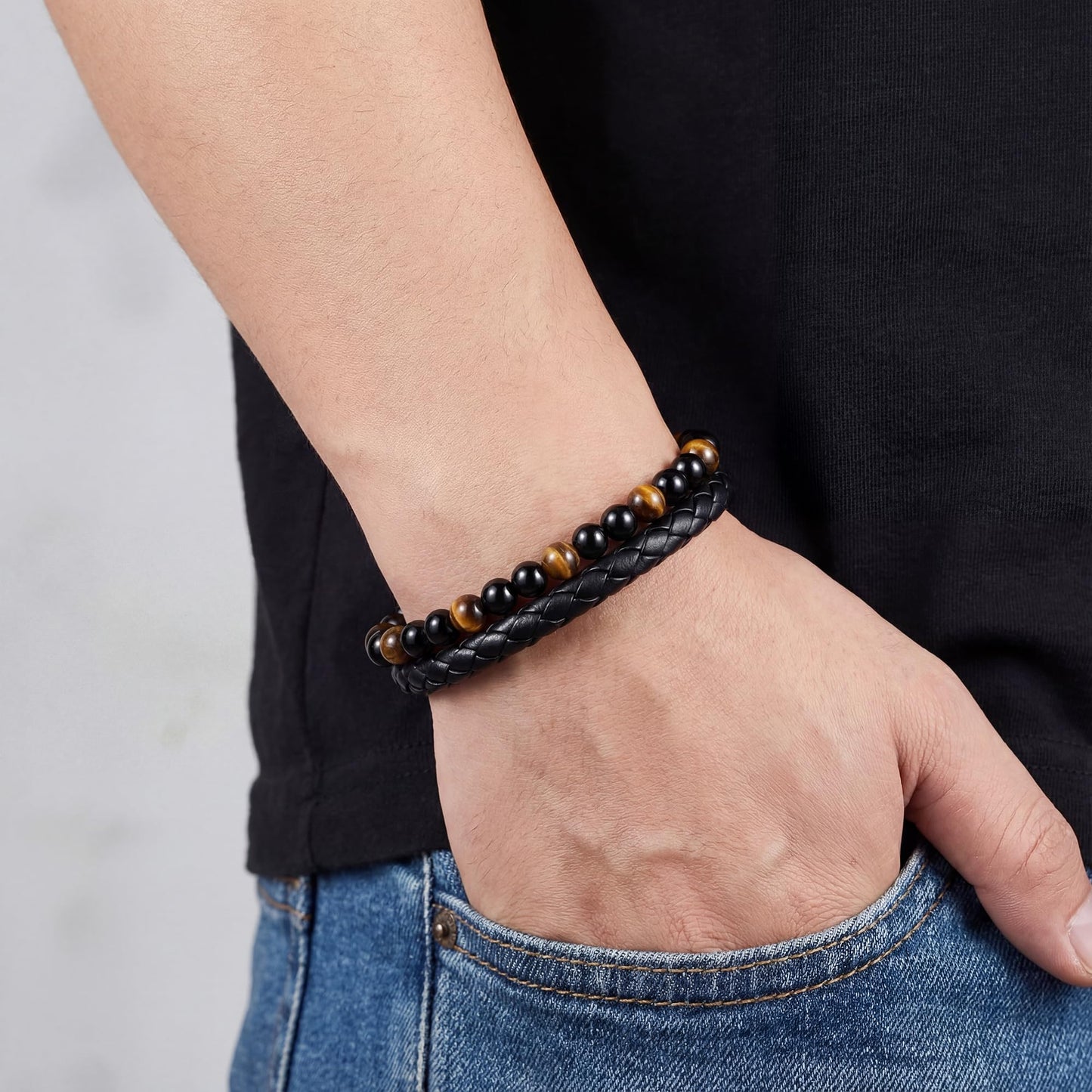 RANKEEF Mens Leather Bracelet - Tiger Eye Mens Beaded Bracelets to My Man Pulseras Para Hombres Leather Beaded Bracelets for Men