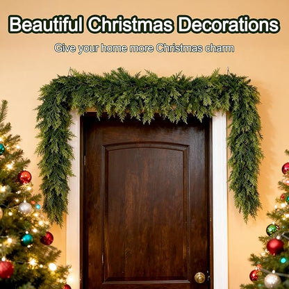 9ft Real Touch Cedar Garland Artificial Realistic Christmas Greenery Pine Garland with 225 Cedar Branches for Mantle, Fireplace, Table, Stairs, Doorframe, Window, Outdoor Indoor Xmas Decor
