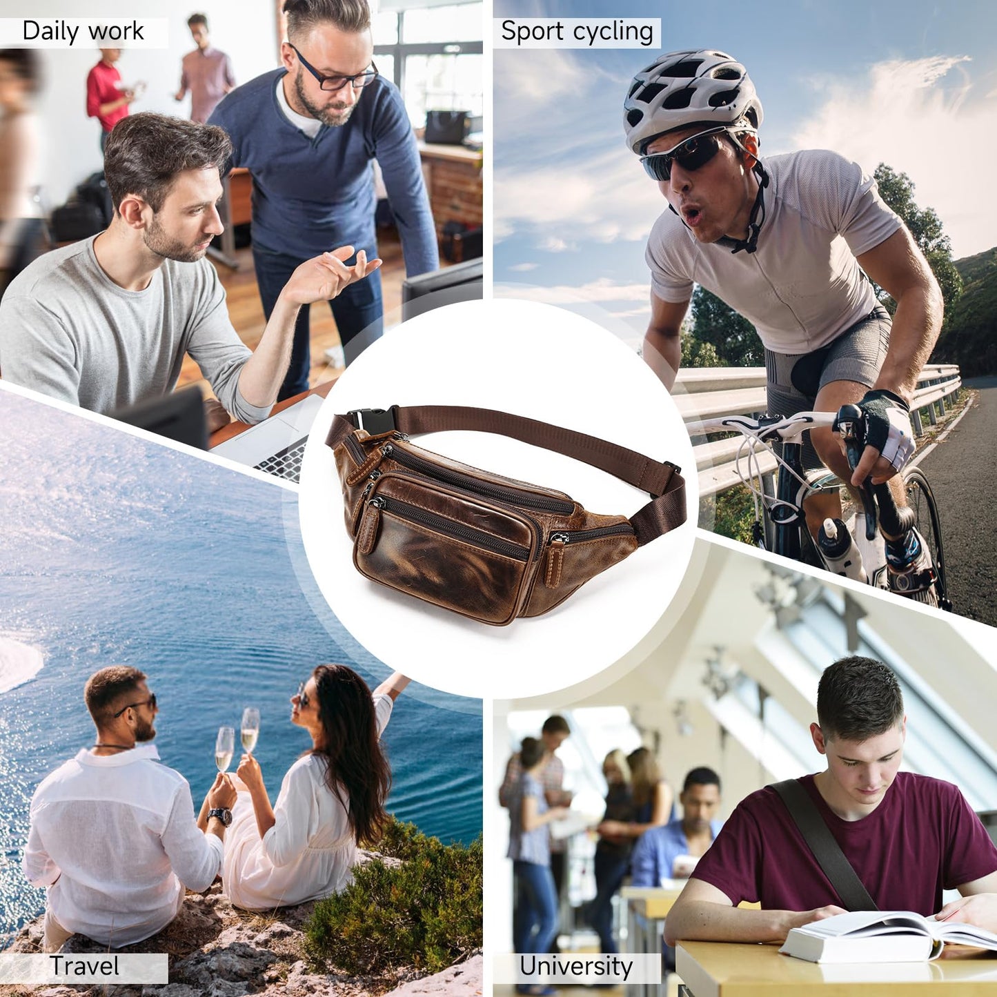 Genuine Leather Fanny Pack for Men Belt Bag Women Waist Purse Small Hiking Running Waist Pack for Phone Bum Hip Bags Shoulder Crossbody Bags