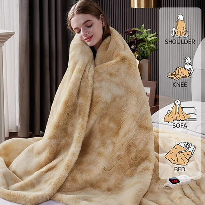 Guohaoi Heated Blanket Electric Throw, Soft Faux Rabbit Fur Electric Blanket with 10 Heating Levels 5 Sitting Timer Auto Off, Cozy Warm Heating Blankets, Machine Washable(62"×84" Beige)