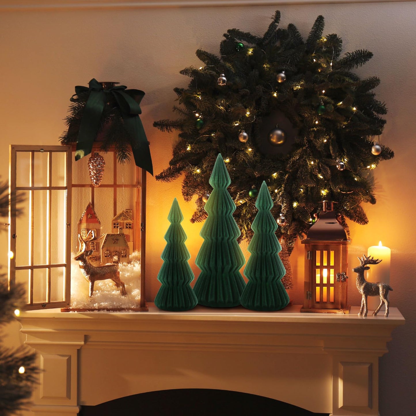 Relaxgiant Set of 3 Velvet Ceramic Christmas Trees Decoration Large Modern Velvet Cone Christmas Tree Figurine Decor Holiday Xmas Winter Indoor Home Tabletop Mantel Centerpiece(Dark Green)