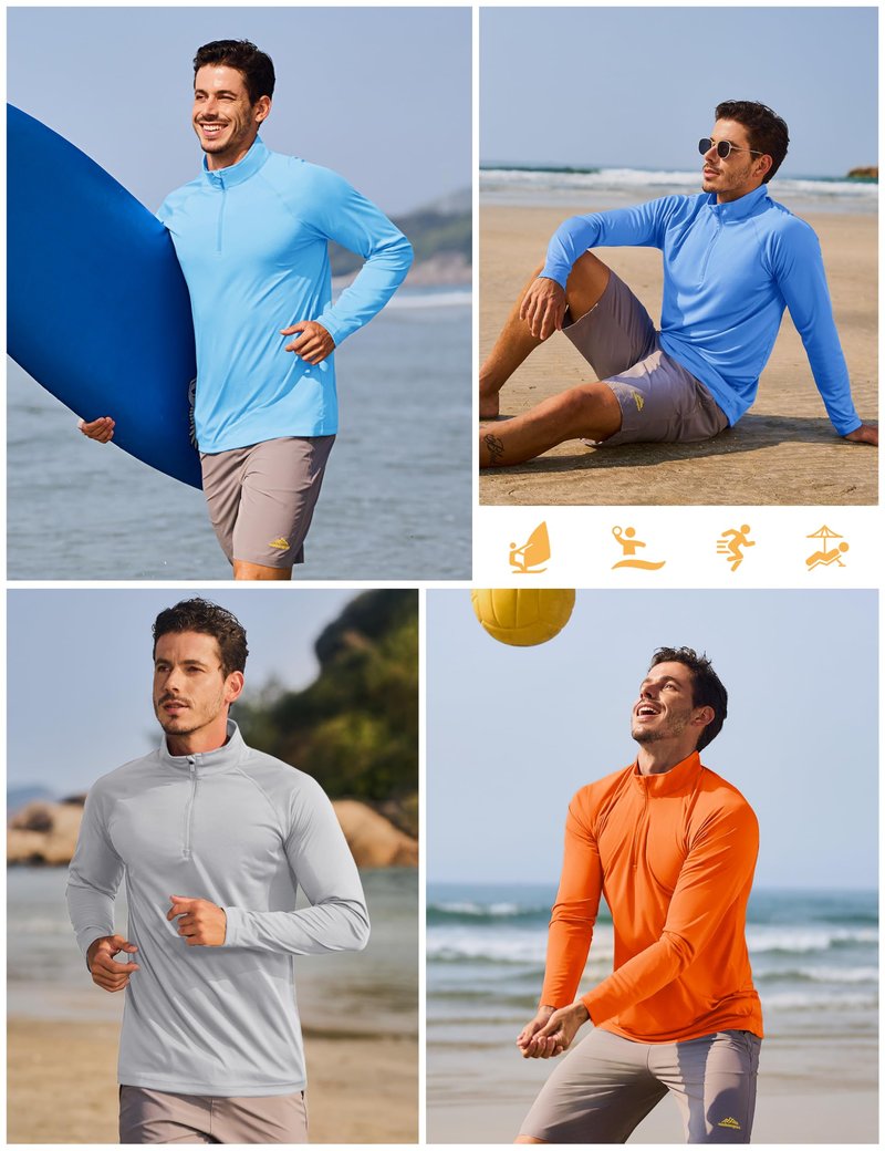 TACVASEN Long Sleeve Swim Shirt for Men Rashguard Quick Dry Fit 1/4 Zip Pullover Athletic Beach Shirts for Sun Protection Workout T-Shirt Blue