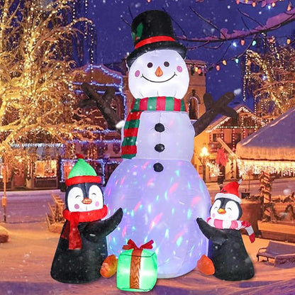 6 FT Christmas Inflatable Decorations, Infaltables Snowman with 2 Penguins Built-in Twinkle Colorful LED Lights Christmas Blow up Yard Decorations for Xmas Garden Patio Lawn Decor