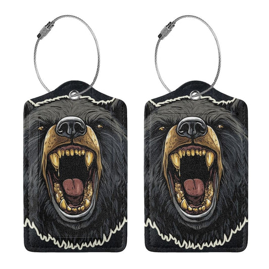Buyidec 2 Pack Mouth Gaping Grizzly Bear Luggage Tags for Suitcases, Leather Baggage Tag with Loop, Funny Cool Name Id Card Cover Travel Bag Labels Set for Women Men Boys Girls Kids