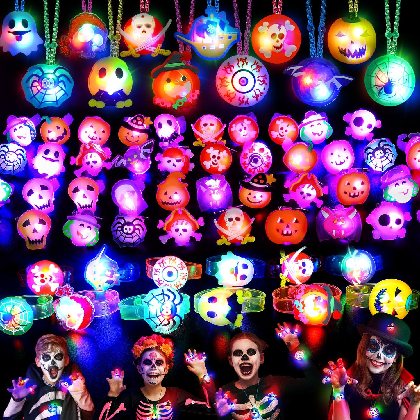 118 PCS Halloween Party Favors Bulk, 80 Rings, 14 Brooches, 12 Necklaces, 12 Bracelets,Halloween Toys for Kids, Glow in the Dark Toys, Bulk Halloween Goodie Bag Fillers, Halloween Party Supplies
