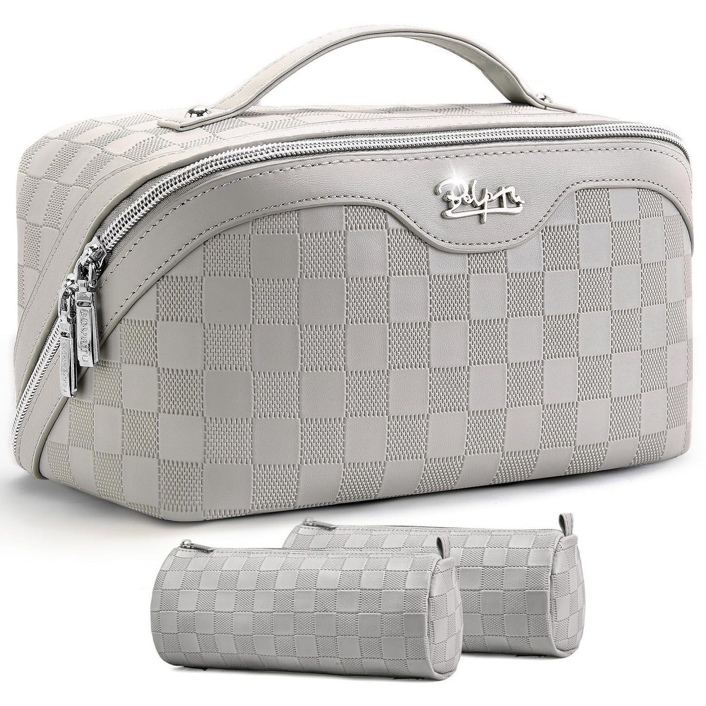 BOYATU Travel Makeup Bag Organizer: 3 Pcs Set Large Capacity Cosmetic Bags Holds 10–20 100ml Full-Size Bottles - 180°Open-Flat Make up Case 3-sec touch-up - Toiletry Bag Gift women (03-A-Gray)