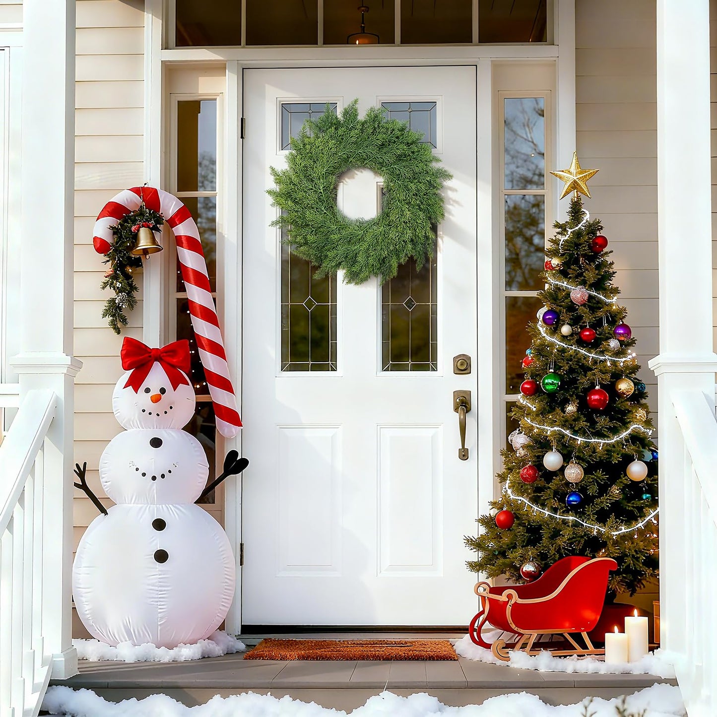 MEUIS Real Touch Cedar Wreath - 22 Inch Outdoor Traditional Artificial Greenery Wreath for Front Door Windows Indoor Weatherproof Holiday Decor