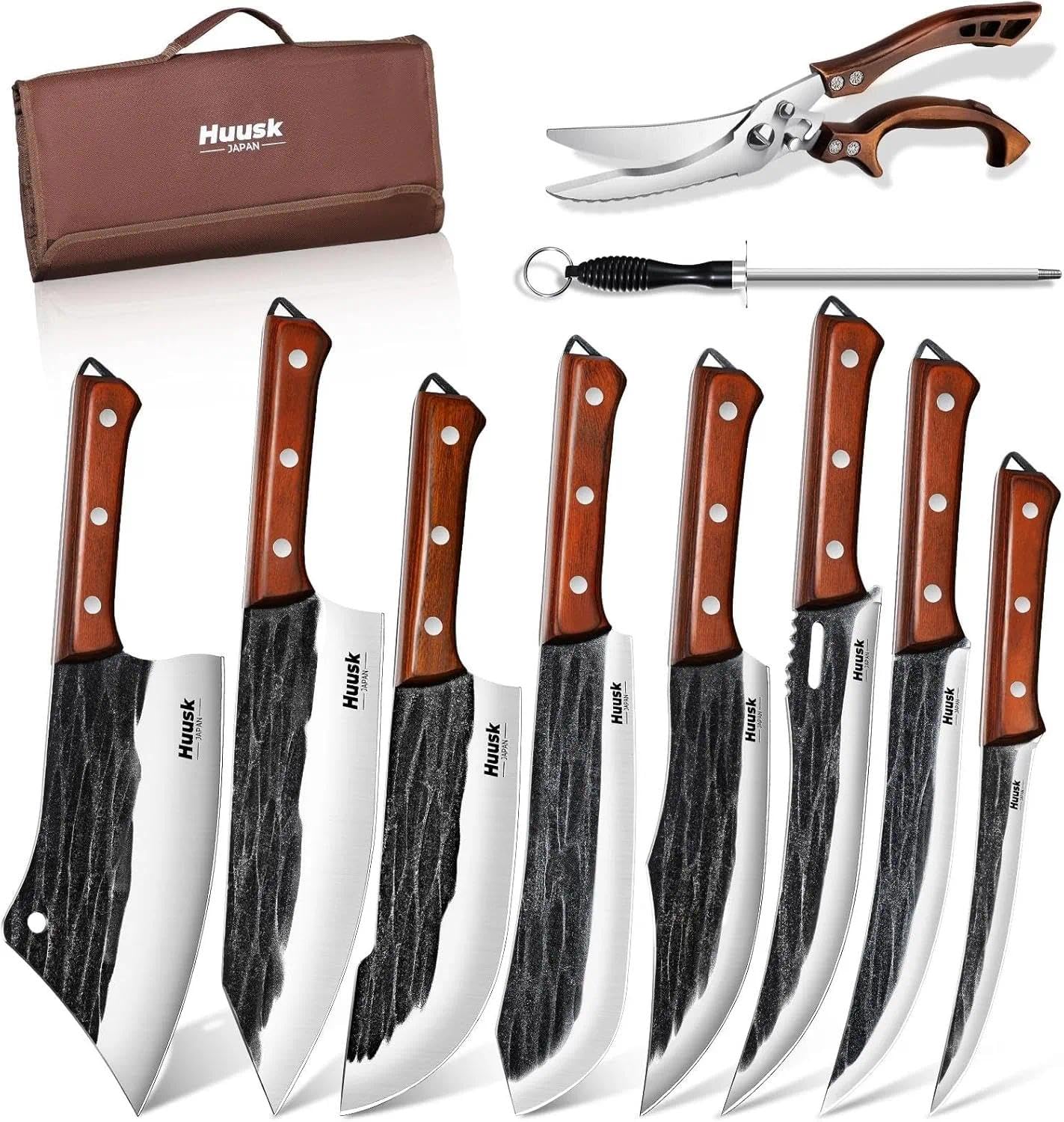 Huusk Butcher Knife Set, 10-Piece Hand Forged Chef Knife Set with Bag, Sharp Meat Cleaver & Bbq Carving Knives & Boning Breaking Knives for Kitchen & Camping, Fathers Day Gift for Men