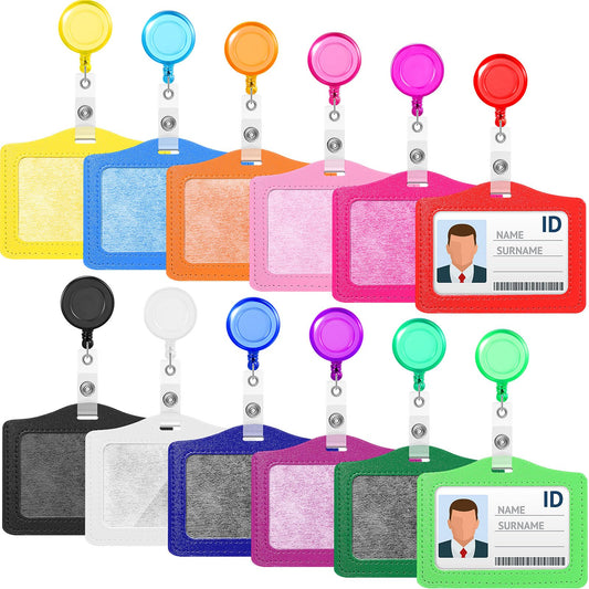 Tenare 12 Sets Retractable Badge Reels Multicolor Name ID Card Holder PU Leather Business Badge Holder Decorative with Clip for Students, Teachers, Nurses, Doctors