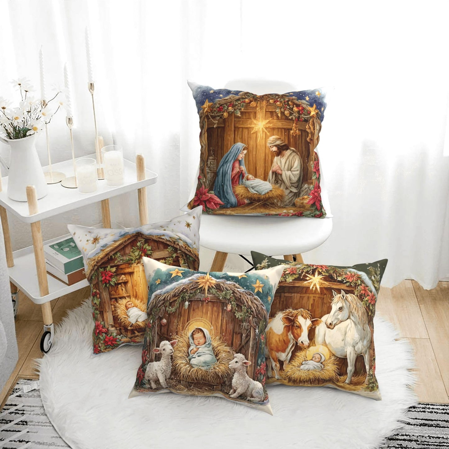 Worltoldb Christmas Bear Deer Throw Pillow Covers Set of 4 Winter Xmas Decorative Soft Linen Fabric Square Cushion Case for Room Bedroom Sofa Car 18x18 (Christmas O Holy Night, 18 * 18)