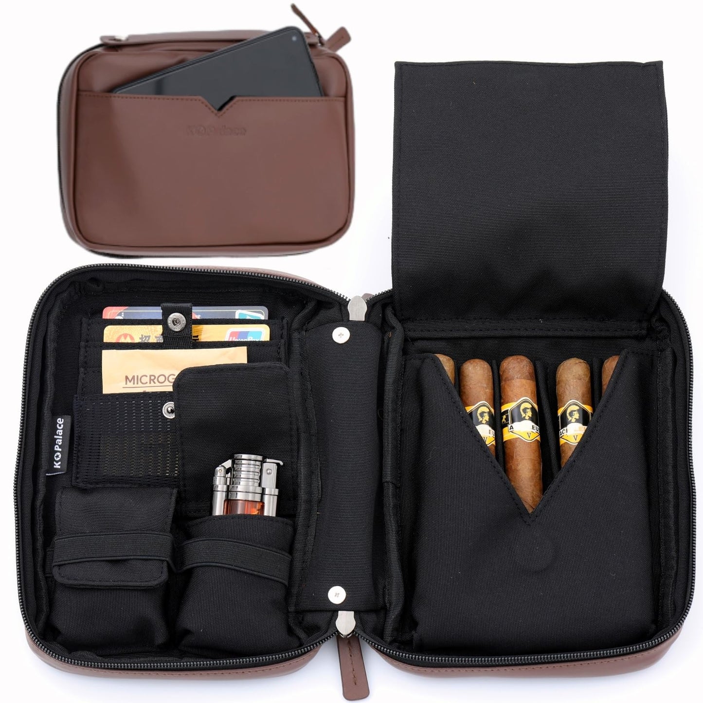 King's palace Portable Cigar Humidor & Leather Travel Cigar Case, with 5-Cigar Holder, 3 Accessory Pockets, 3 Credit Card Slots | Cigar Accessories Gift Set for Men
