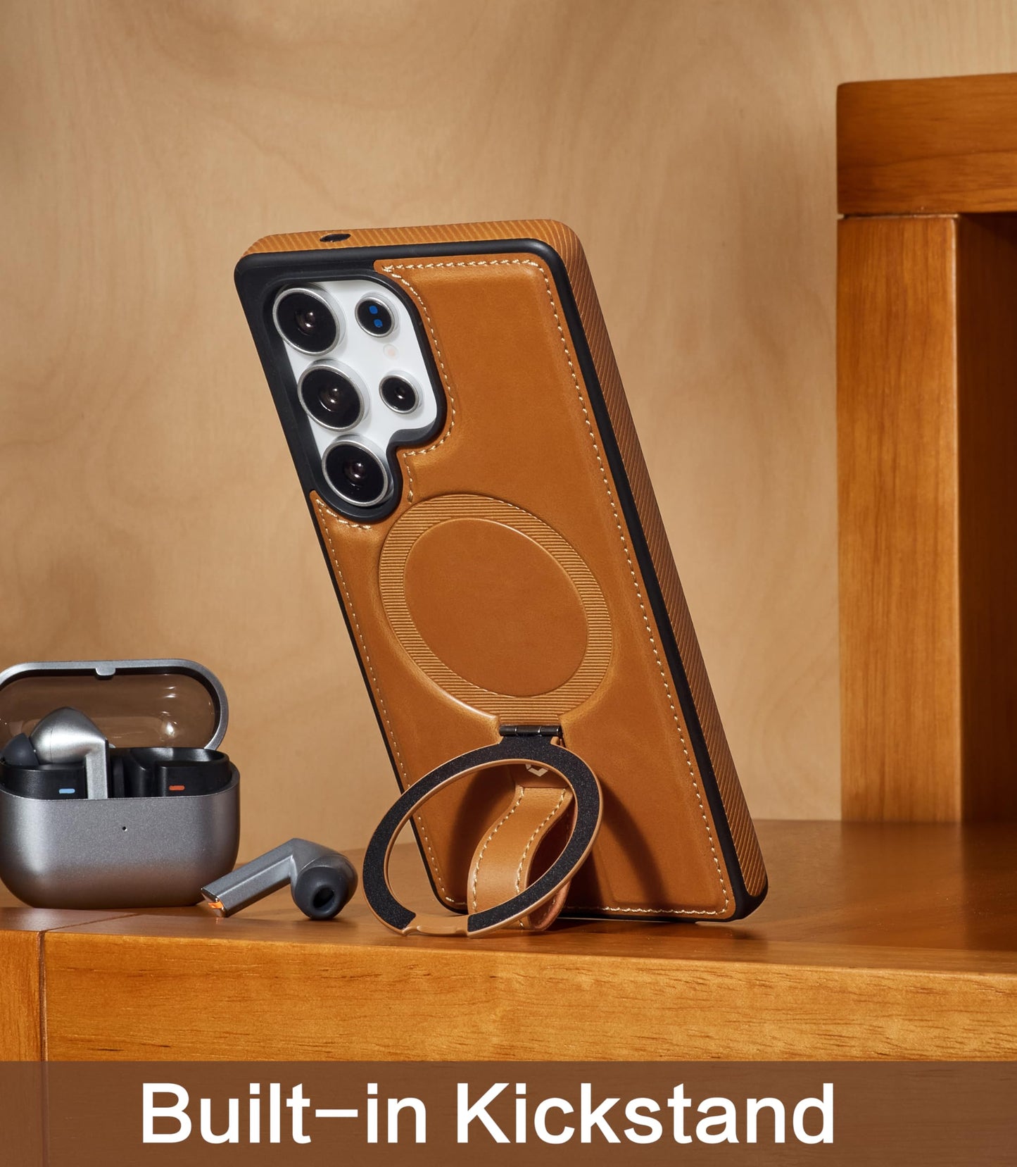 Butaiga for Samsung Galaxy S26 Ultra Case Leather with Stand, Anti-Slip Grip Ring, Fits for MagSafe (Brown, S26 Ultra)