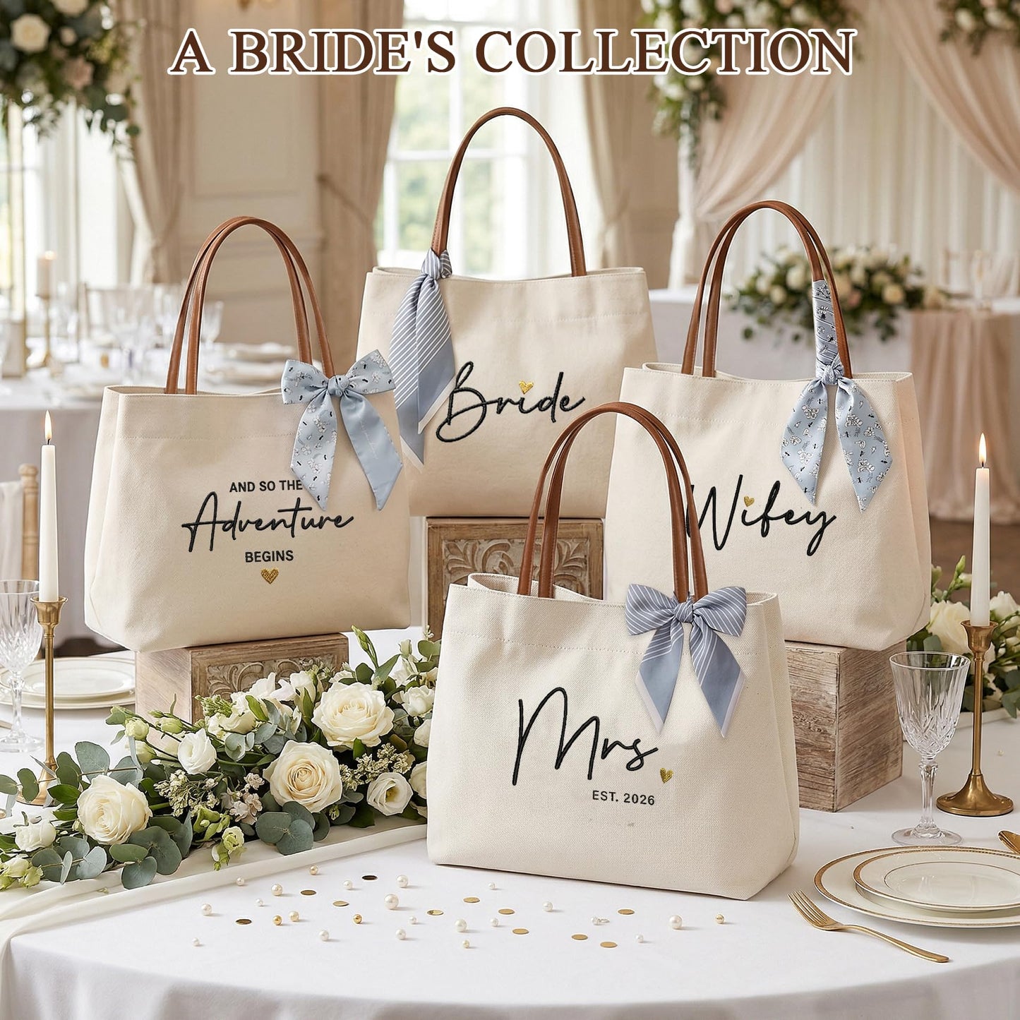 Ugiftcorner Mrs Gifts for Bride Tote Bag 2026, Embroidered Canvas Wedding Essential Bag with Leather Handle & Pocket, Bridal Shower Gift for Bride to Be, Bachelorette Honeymoon Future Mrs Beach Bag