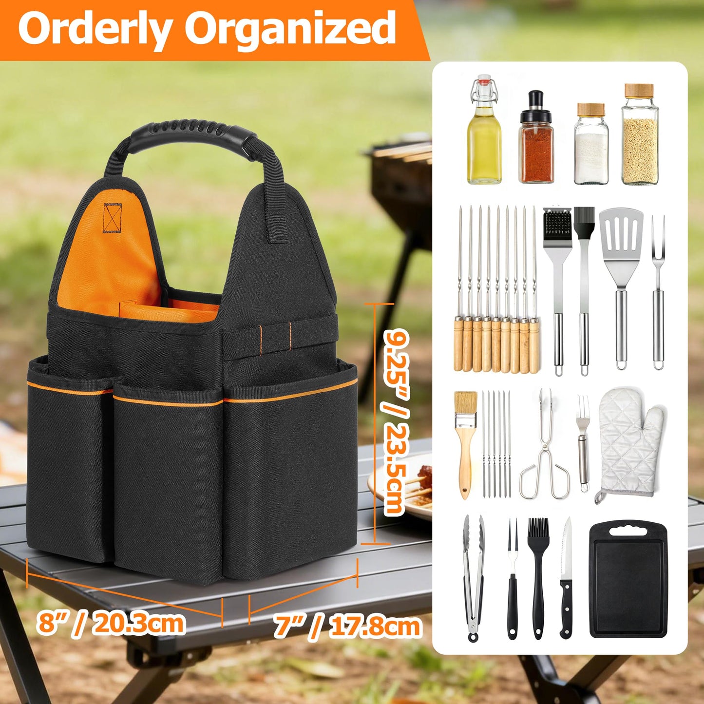 HODRANT Grill Utensil Storage Bag, Portable BBQ Tool Caddy with Divider & Boards, Large Grilling Tool Box with Pockets & Handle, Outdoor Barbecue Accessories Case for Camping & Kitchen, Bag Only
