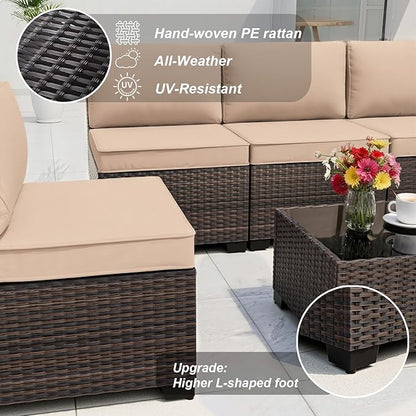 ALAULM 7 Pieces Patio Furniture Set with Coffee Table, Outdoor Sectional with Thick Cushion, All Weather Wicker Rattan Conversation Set for Backyard, Garden, Deck, Sand
