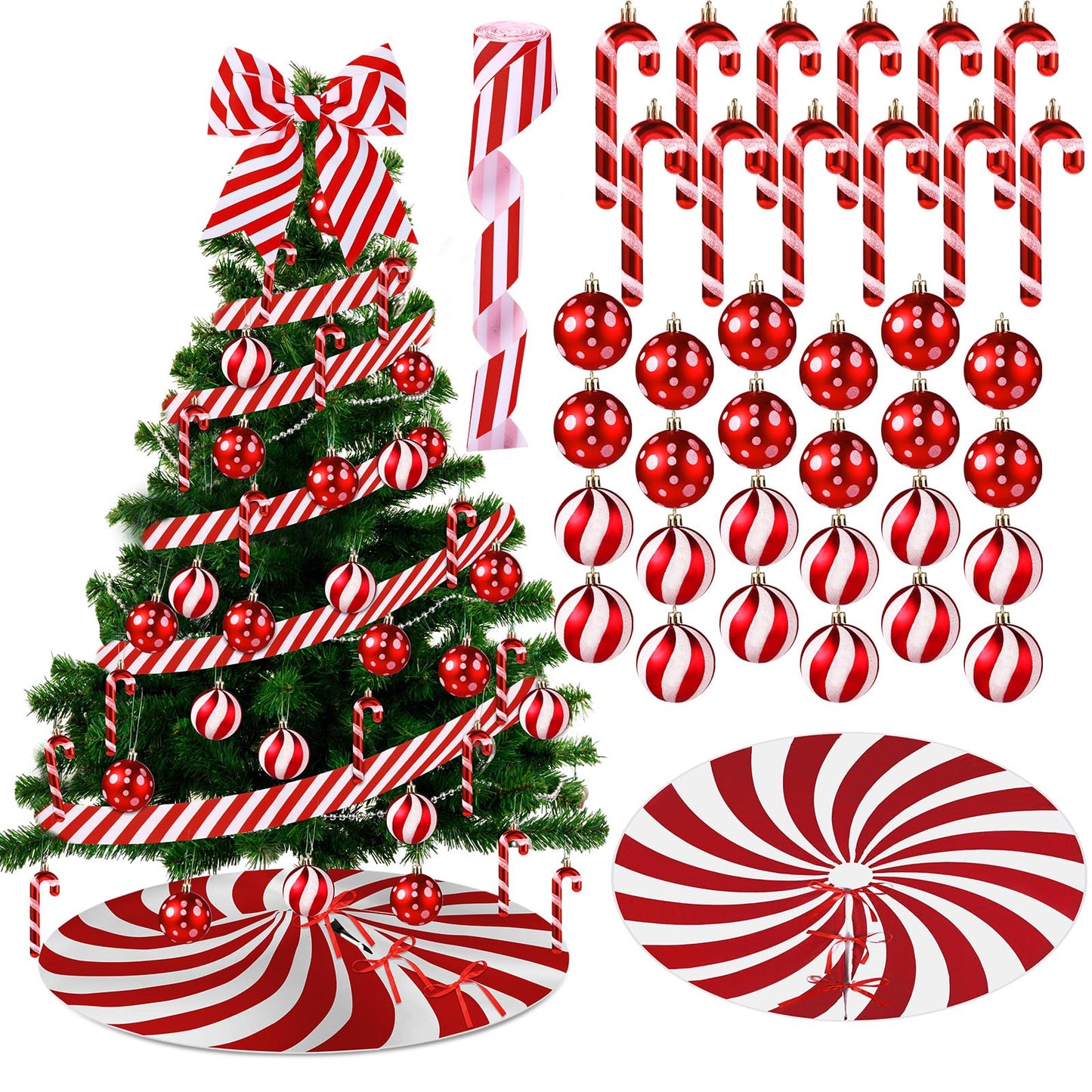 Shappy 38 Pcs Christmas Tree Ornaments Sets, Candy Cane Red White Stripes Xmas Tree Hanging Decorations, Plastic Xmas Ball Variety Shapes with Ribbon New Year Holiday Party Supplies(Cute,39.4'')