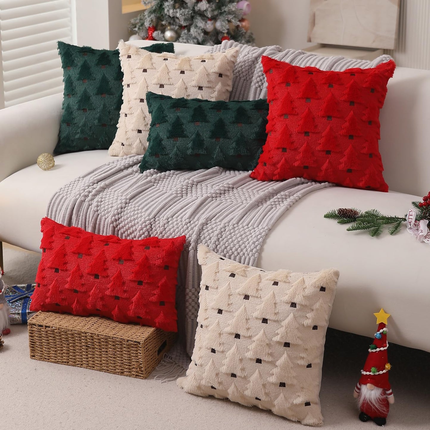 Allorry Christmas Pillow Covers 16x16 inch Set of 2 Xmas Decorations Soft Plush Faux Fur Wool Beige Christmas Tree Throw Pillow Cases Winter Holiday Decor for Sofa Living Room PT-002C16