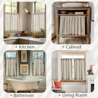 jinchan Colorful Striped Linen Kitchen Curtains 36 Inch Christmas Tier Curtains Farmhouse Modern Cafe Small Window Treatments Light Filtering Rod Pocket for Living Room Bathroom 2 Panels Multi Green