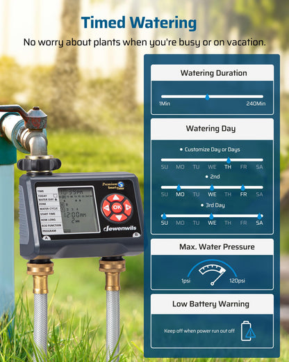 DEWENWILS Sprinkler Timer 2 Zone, Water Timer for Garden Hose, Programmable Hose Timer Faucet Watering with Automatic/Rain Delay/Manual Mode, Outdoor Irrigation Controller for Lawn, Yard