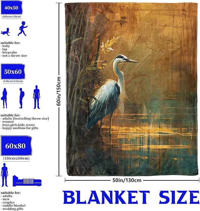 Blue Heron in Sunset Wetlands Throw Blanket for Boys Girls Kids Adults Women, Fuzzy Warm Soft Cozy Flannel Blankets Gifts for Bedroom, Couch, Travel, Home Decor 40x50 in