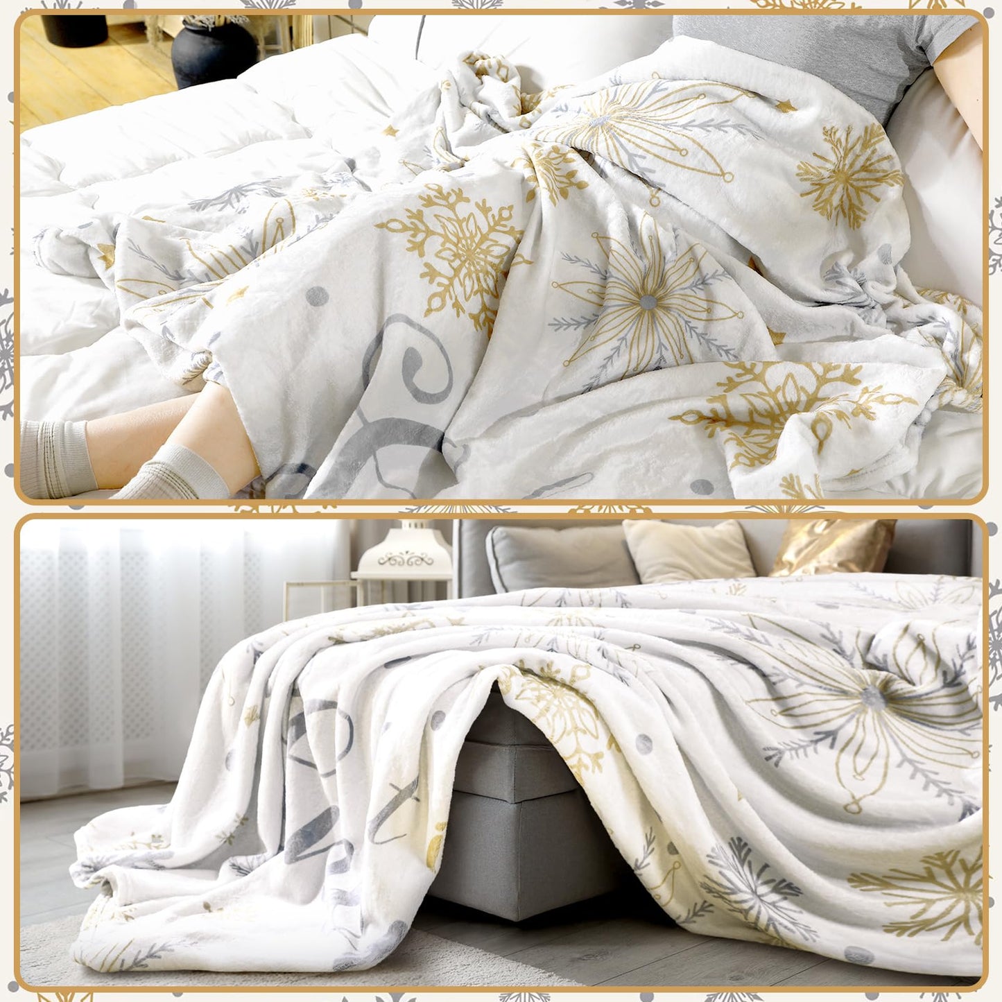 Buryeah 50'' x 60'' Winter Snowflake Throw Blanket White Let It Snow Blanket Plush Warm Gold Silver Christmas Winter Decor for Sofa Couch Bed
