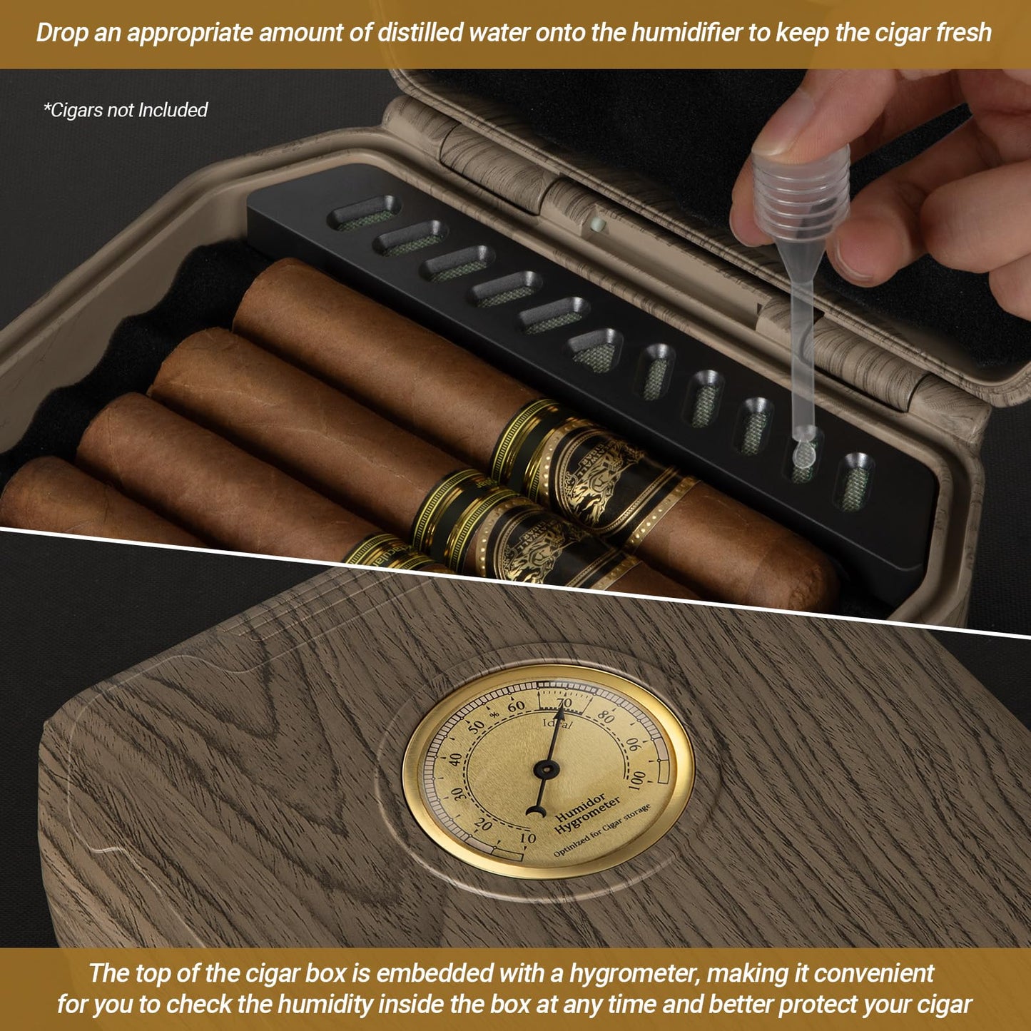 AWOTE Travel Cigar Humidor Case - Cedar Lined, V Cut Cutter, Portable Humidor with Humidifier & Hygrometer, Holds 7-9 Cigars, Includes Lighter - Gift Set
