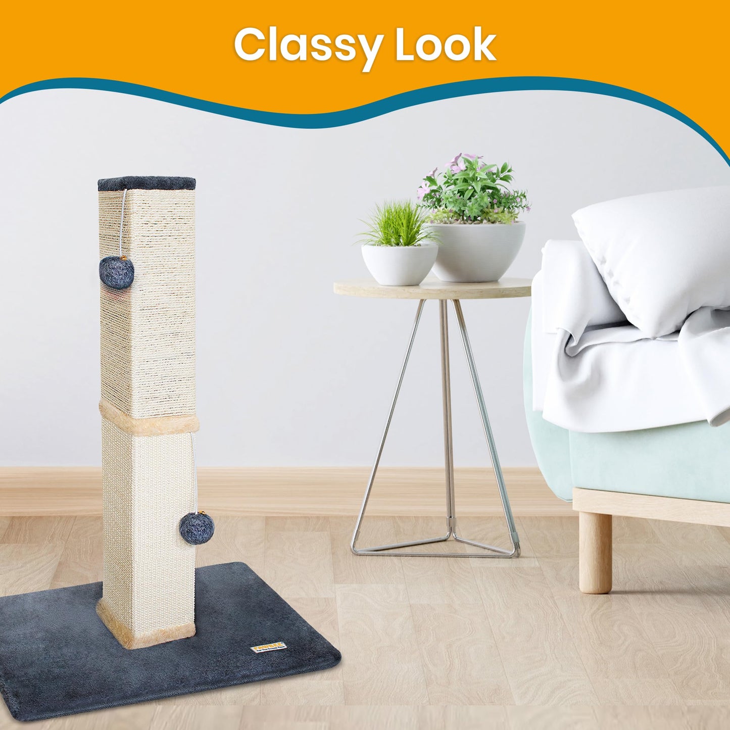 PAWBEE Cat Scratch Post Tower - 32” Tall Cat Scratching Post with Jingle Bells and Plush Balls - Sisal Cat Scratcher with Larger Base for Better Stability - Cat Scratching Posts for Indoor Cats