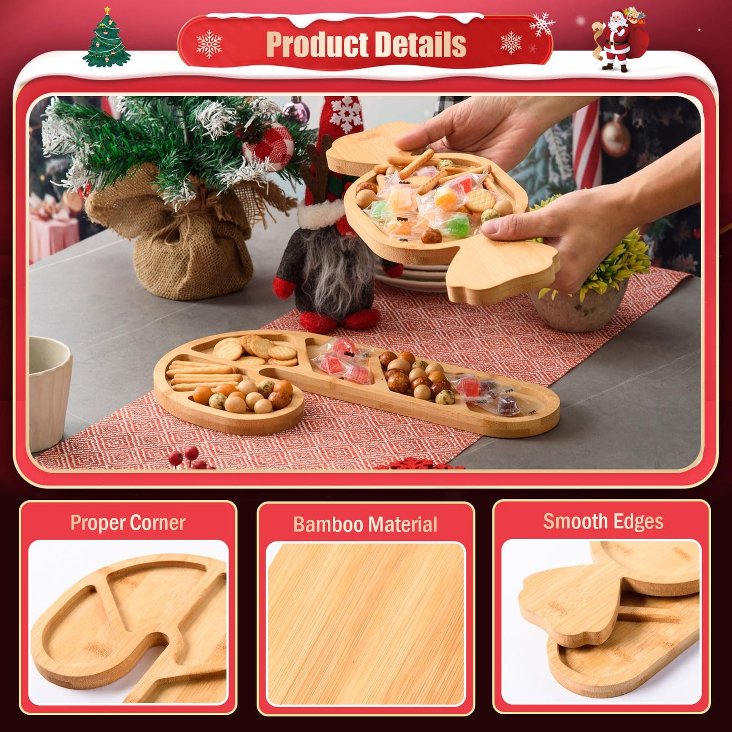 AWIZOM 2 Pcs Christmas Serving Platters Peppermint Candy and Candy Cane Shaped Wood Trays Christmas Wood Charcuterie Boards Decorative Bamboo Snack Dish Plates for Xmas Holiday Housewarming Presents