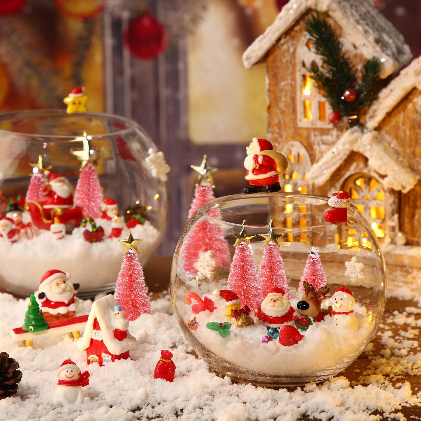 96 Pcs Miniature Ornaments for Snow Globe Kit DIY Christmas Village Decoration Christmas Figurines Mini Ornaments with Snowman Reindeer Santa Claus Snowflake(Pink)