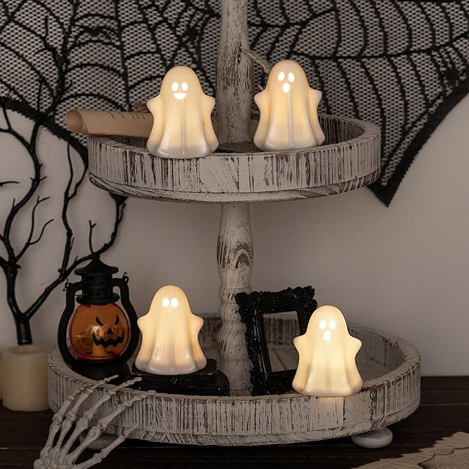 4PCS Halloween Ceramic Ghosts Light Up LED White Spooky Ghosts Figurines Scary Statue Sculpture Halloween Decor Gift for Fall Props Desk Tabletop Centerpieces Home Indoor Decorations