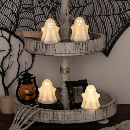 4PCS Halloween Ceramic Ghosts Light Up LED White Spooky Ghosts Figurines Scary Statue Sculpture Halloween Decor Gift for Fall Props Desk Tabletop Centerpieces Home Indoor Decorations