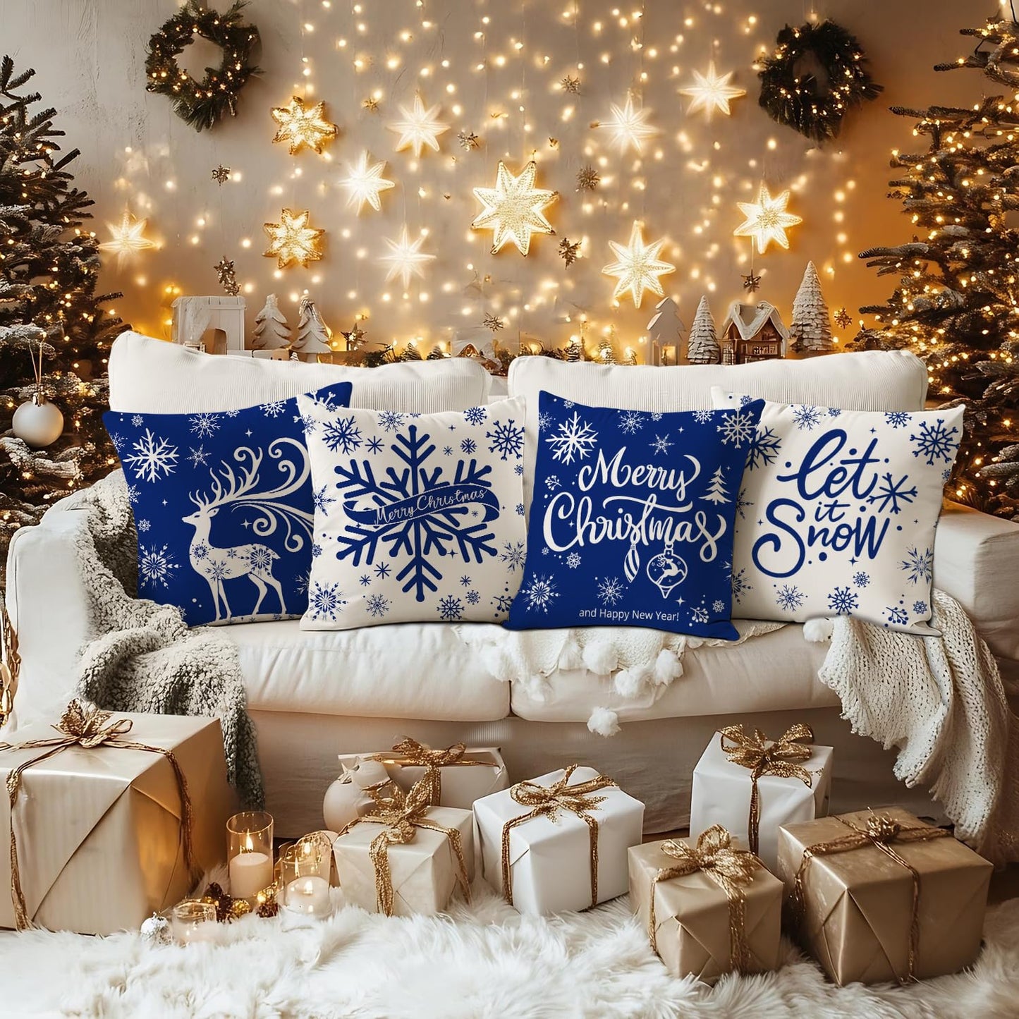 Artmag Merry Christmas Throw Pillow Covers 16x16 inch Snowflakes Let it Snow Moose Winter Holiday Blue Cushion Case for Coach Sofa Decorations Set of 4