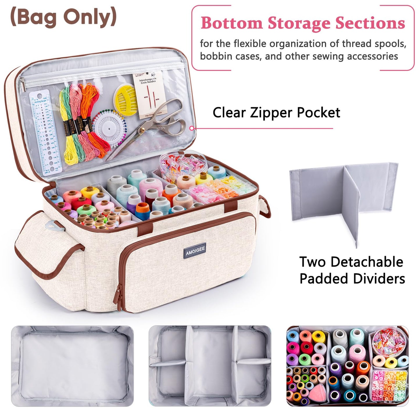 AMOIGEE Large 15" Double-Layer Sewing Storage Bag with Detachable Diviers – Large Sewing Organizer with Shoulder Strap, Elastic Loops for Sewing Supplies, Tools & Accessories