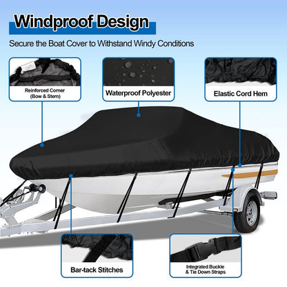 iCOVER Trailerable Boat Cover- 16'-18.5' Heavy Duty Waterproof Tarp Covers with Storage Bag, Fits V-Hull, Fish&Ski, Pro-Style, Fishing, Runabout, Bass Boats, up to 16ft-18.5ft Long X 94" Wide