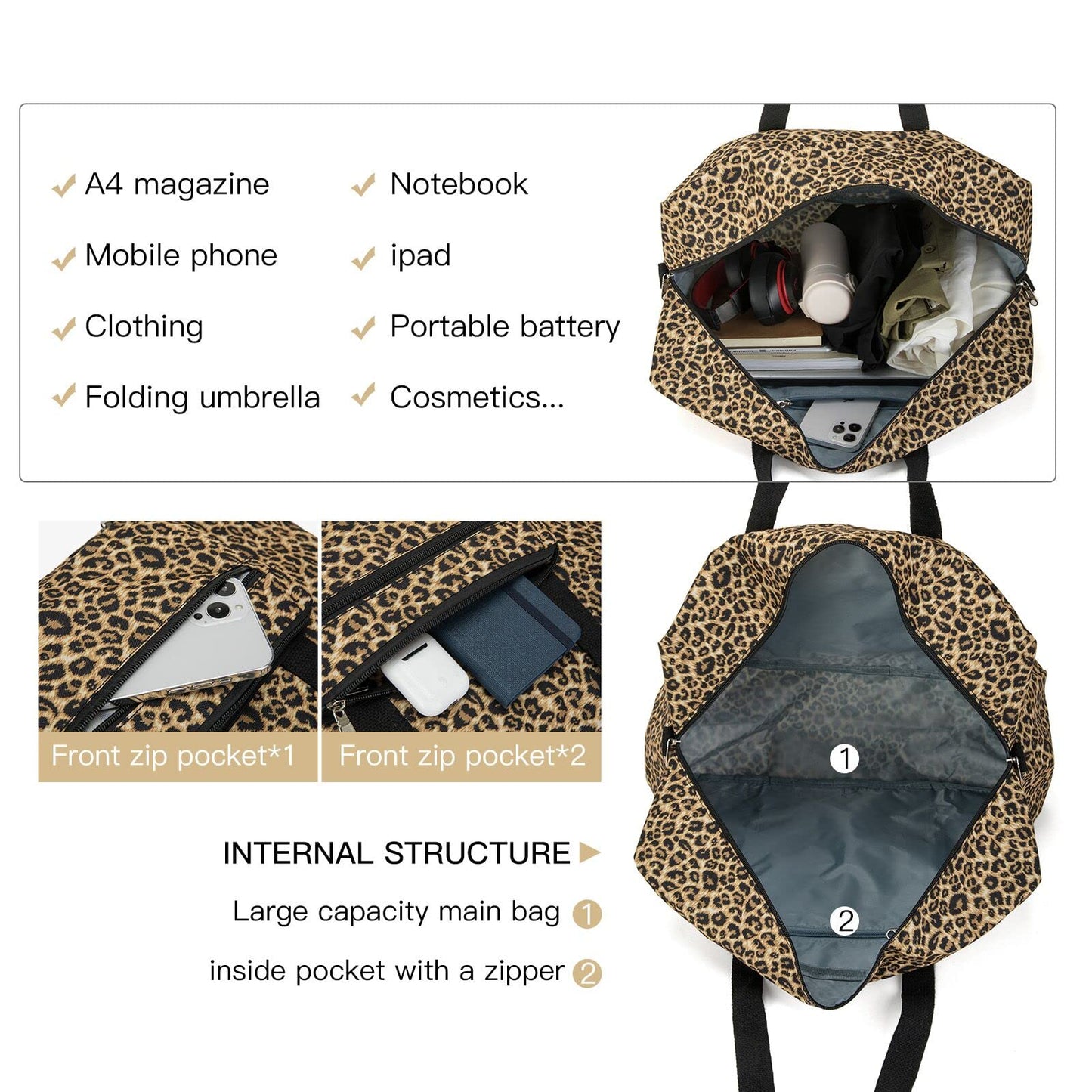 EXYANGEE Foldable Travel Duffel Bag, Medium Women's Weekender and Overnight bag carry on Luggage bag for Women(Leopard)