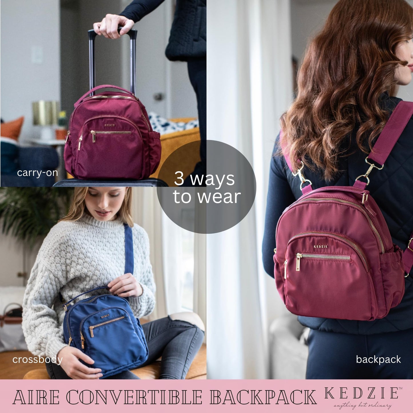 KEDZIE Aire Convertible Backpack Purse Fashion Crossbody Carry On Bag for Women - Navy