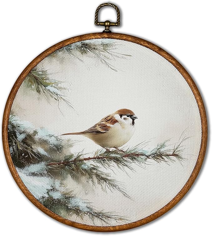 KSDUT Winter Bird Wall Decor Art - Memorial Wall Art Canvas Frame Hanging Prints, Vintage Winter Snowy Round Wall Art Decor for Home Farmhouse Bedroom Decorations 10"x10"