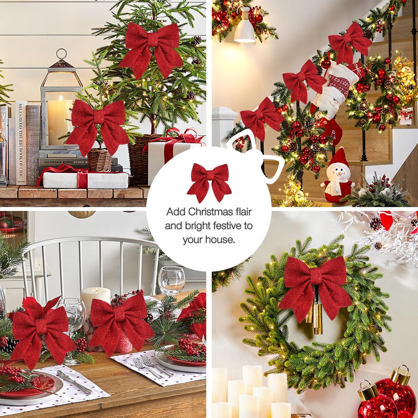 23pcs 5.5'' Mini Christmas Bow Decorations and 4 Rolls Sheer Glitter Ribbon, Sequin Wreaths Bows and Organza for Christmas Tree Ornaments Gift Wrapping (Red Bow and Golden Ribbon)