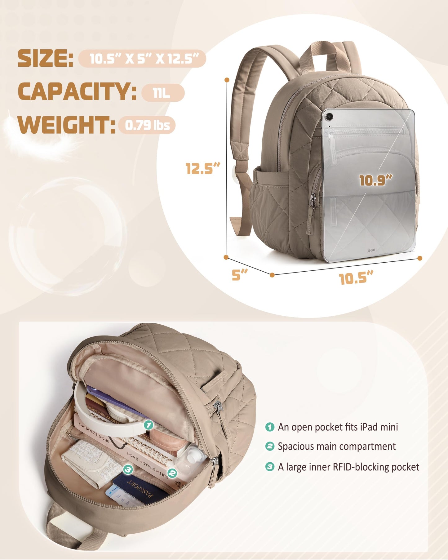 Smasrob Women Mini Backpack with RFID Blocking Pocket, Small Puffer Backpack Purse, Lightweight Quilted Backpack for Work, College or Travel, Camel