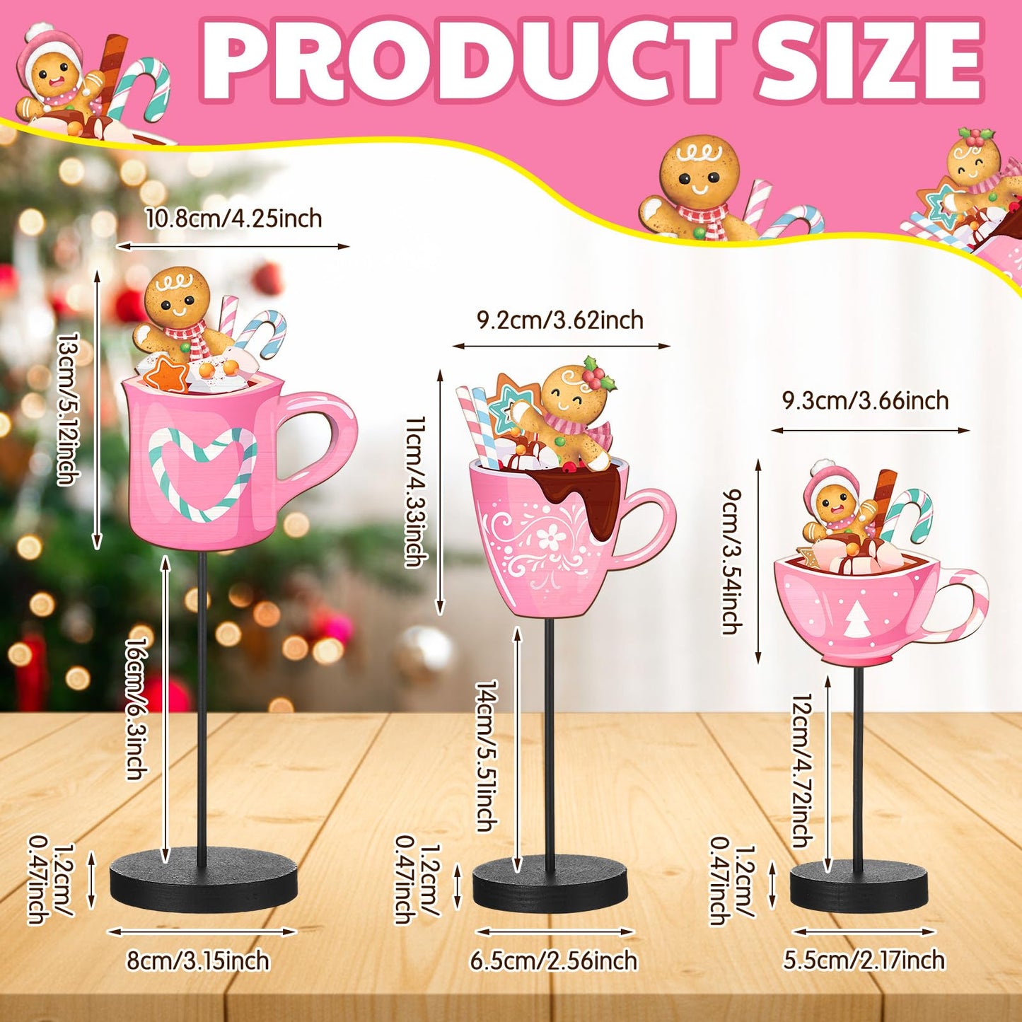 Kathfly 3 Pcs Pink Gingerbread Christmas Table Decor Wooden Gingerbread Man Table Centerpieces Hot Cocoa Bar Tabletop Sign for Christmas Coffee Home Winter Holiday Party Decorations